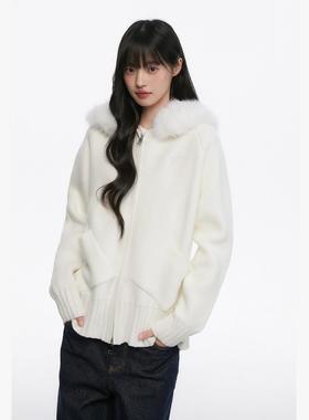 King Prince慵懒风温柔连帽毛领针织开衫女秋冬毛领连帽毛衣外套