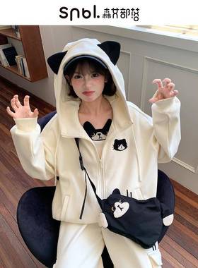 森女部落甜美设计感可爱猫咪连帽外套女加绒宽松卫衣秋情侣装新款