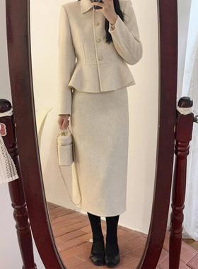 小个子毛呢套装女短款秋冬名媛小香风时髦呢子外套半身裙两件套