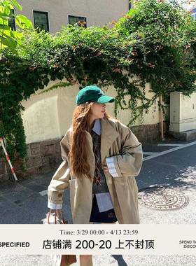 荒荒家中长款条纹袖风衣2025新款韩版经典休闲卡其色工装外套女春