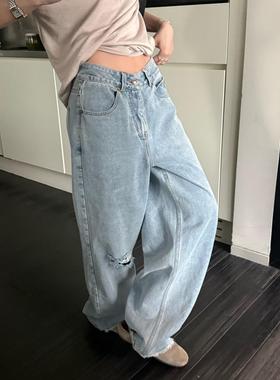 superniniyy 痞帅时髦浅蓝重工水洗棉破洞宽松显瘦牛仔裤直筒长裤