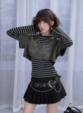 SagiDolls少女斗志炸毛猫咪百搭深灰条纹真两件套装带帽T恤上衣秋