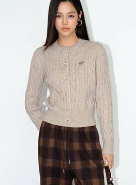 NEVA HU白色麻花针织衫开衫外套女秋冬修身显瘦百搭短款长袖毛衣