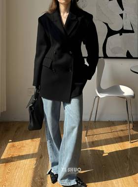 2025秋冬新品高端黑色收腰修身双面羊毛大衣短款米白色毛呢外套女