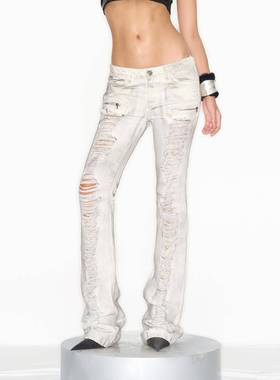 诺拉绝版性感重型磨损和摩擦破旧水洗灰白色覆古拉炼修身喇叭牛仔