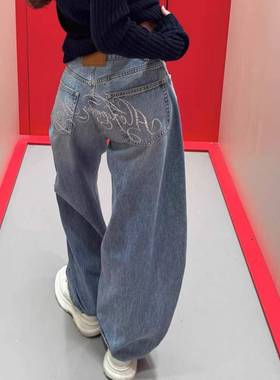 halfmood25s重工业屁股热钻石字母小众裤热女孩低腰宽松阔腿牛仔