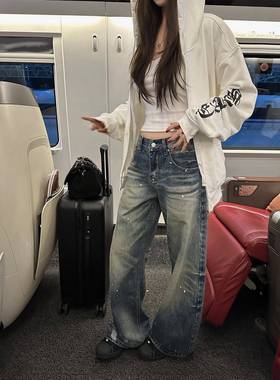 NanaByNana【塞纳艺术】重工做旧泼墨水洗牛仔裤女秋季直筒阔腿裤