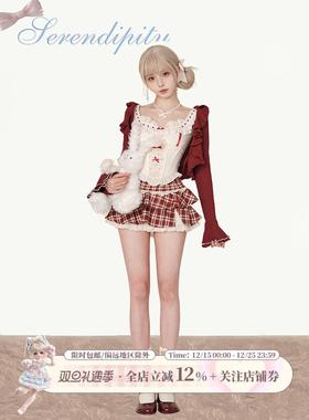 少女椰子红酒甜樱秋冬套装女红色开衫+背心上衣+高腰红色格子半裙