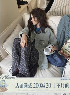 JMWOMEN 蓝色复古牛仔外套女春秋新款宽松碎花领口短款百搭上衣