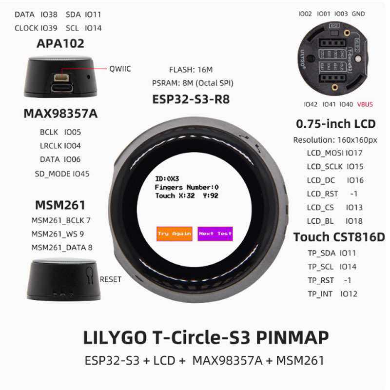 T-Circle-S3 AI 小智 ESP32-S3 带0.75英寸LCD 麦克风 岽恒