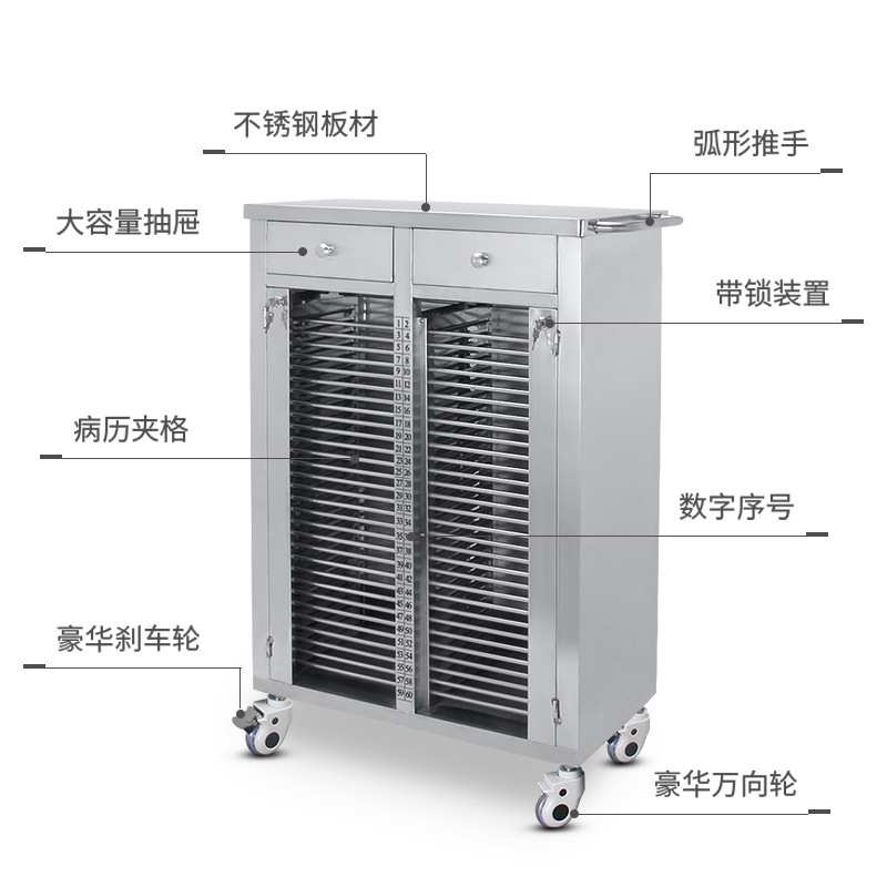 加厚静音abs病历车不锈钢病历夹车文件柜收纳小推车病例夹档案车