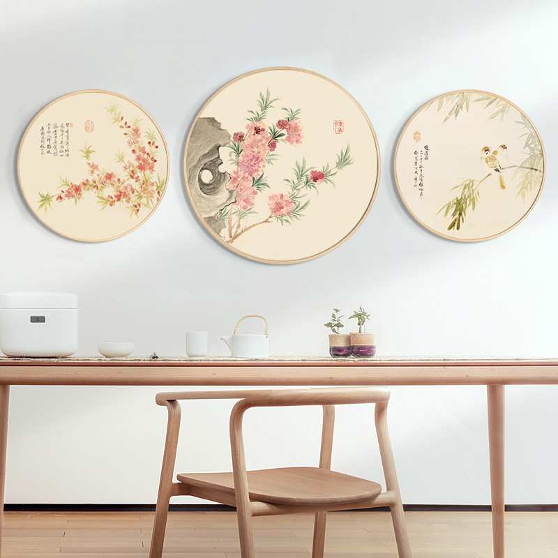 新中式书画圆形装饰画花鸟工笔国画客厅墙挂画书房茶室水墨壁画