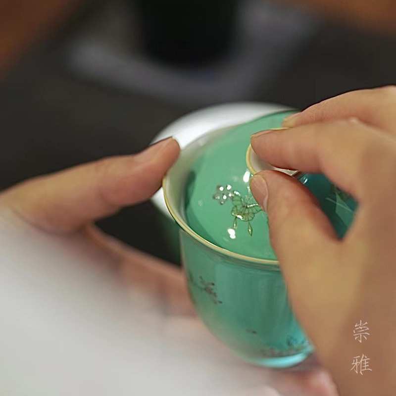 沐云言物古彩松石绿蝶恋花盖碗景德镇中式复古手绘文人茶器