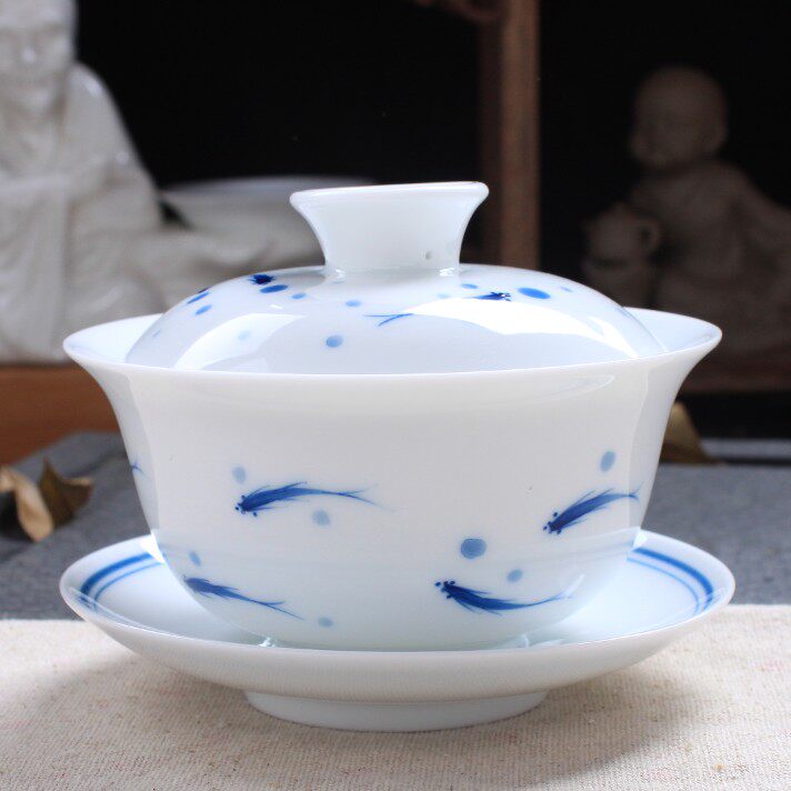 手绘白瓷茶碗盖碗茶杯 功夫茶具青瓷泡茶才盖碗中号加厚