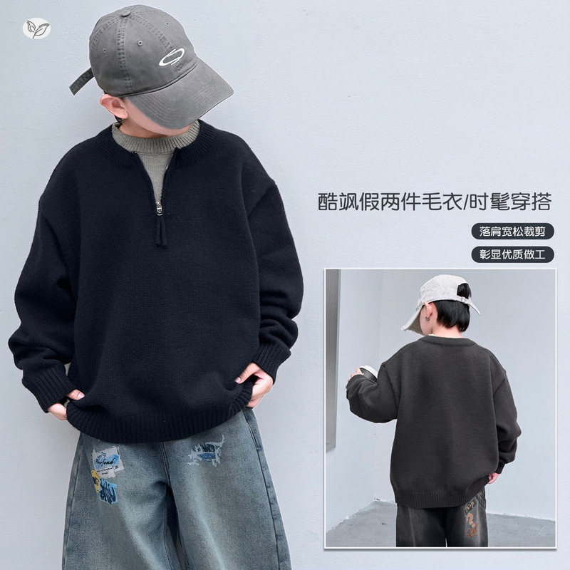 男童秋款韩版百搭加厚假两件半拉链毛衣上衣中大童宽松拼接针织衫