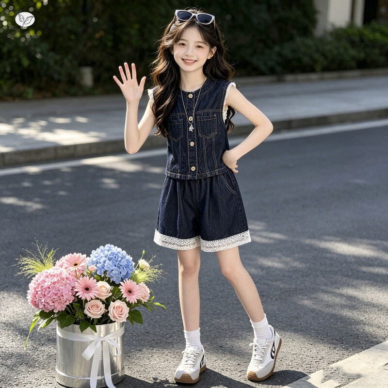 女童蕾丝拼接牛仔套装2026夏季新款中大童韩系花边马甲短裤两件套