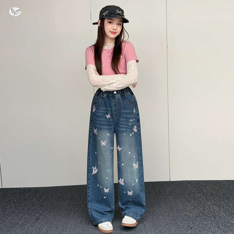 女童蝴蝶绣花阔腿裤2026秋季新款儿童牛仔裤休闲长裤中大童直筒裤