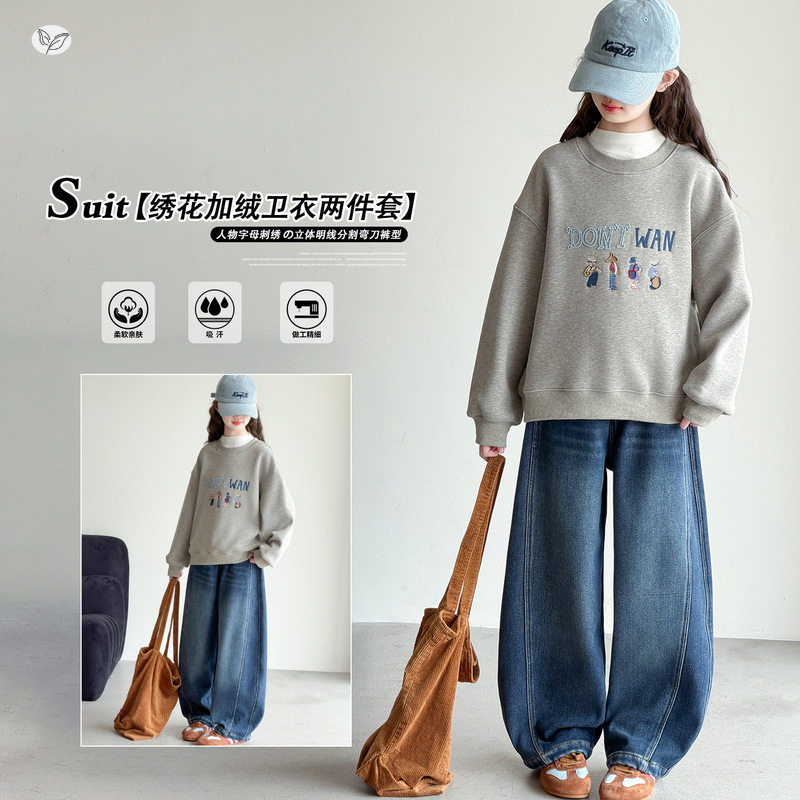 女童冬季新款加绒套头刺绣卡通卫衣中大童韩版加厚保暖百搭上衣潮