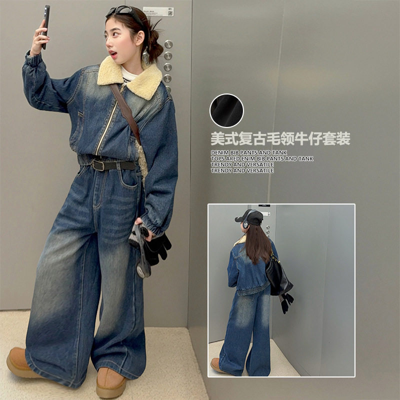 女童冬季加绒韩版休闲牛仔套装2026冬季新款复古毛领牛仔套装潮范
