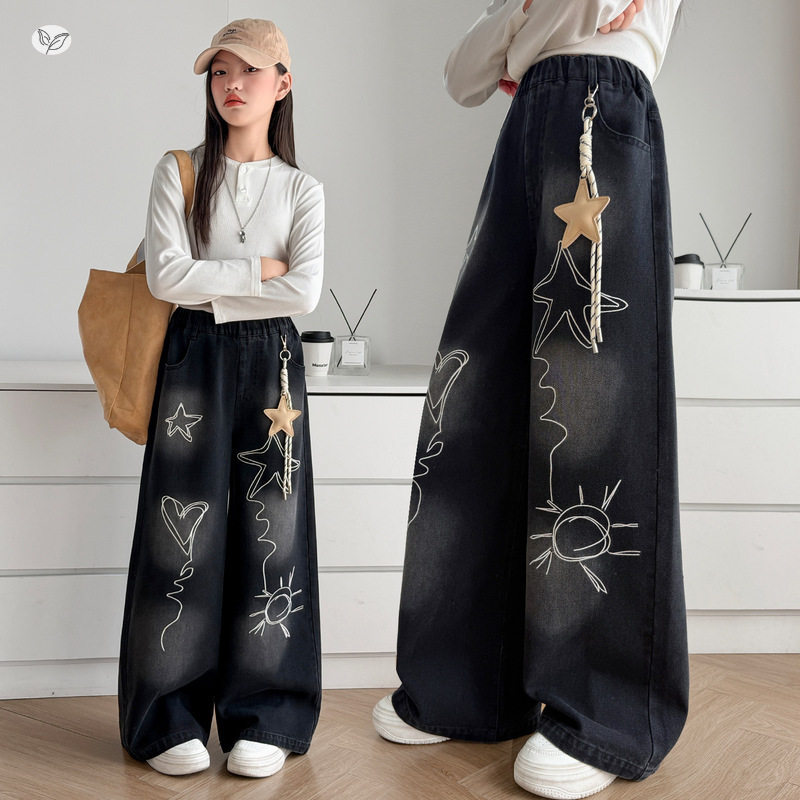 女童秋季新款星星牛仔阔腿裤中大童宽松显瘦直筒裤春秋长裤送挂件