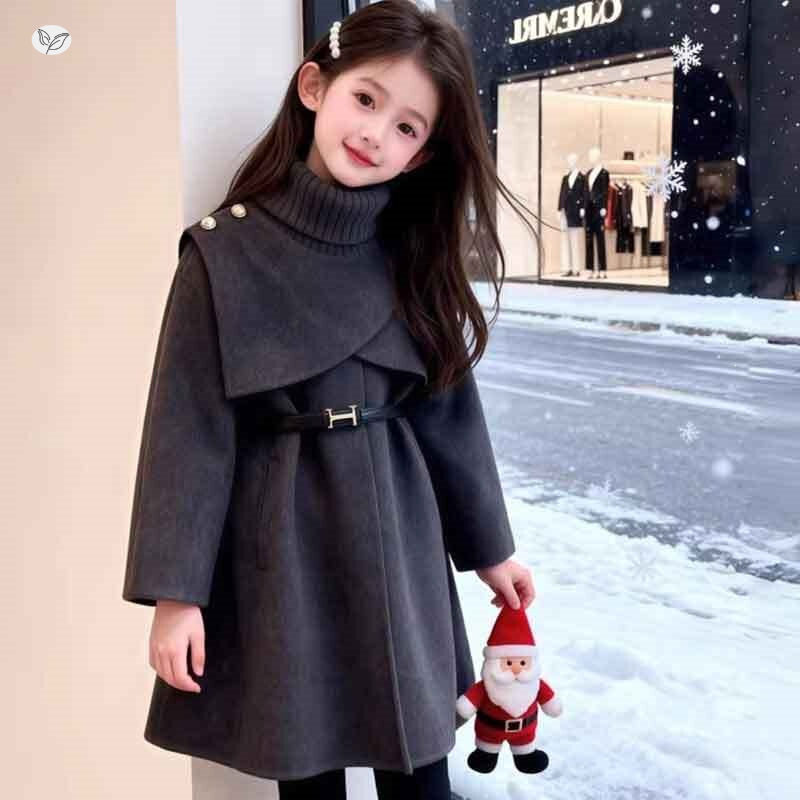 女童冬季新款简约斗篷腰带呢大衣中大童加厚外出中长款挡风外套潮