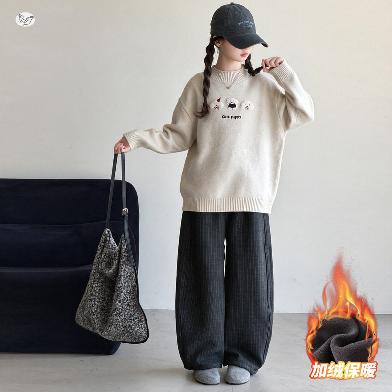 女童韩系可爱冬款小狗圆领加厚毛衣上衣中大童加绒竖条直筒裤长裤
