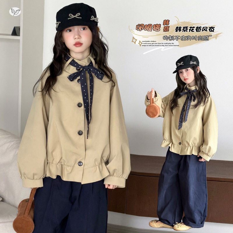女童韩系风衣外套2026秋新款中大童短款花苞开衫儿童秋装长袖上衣