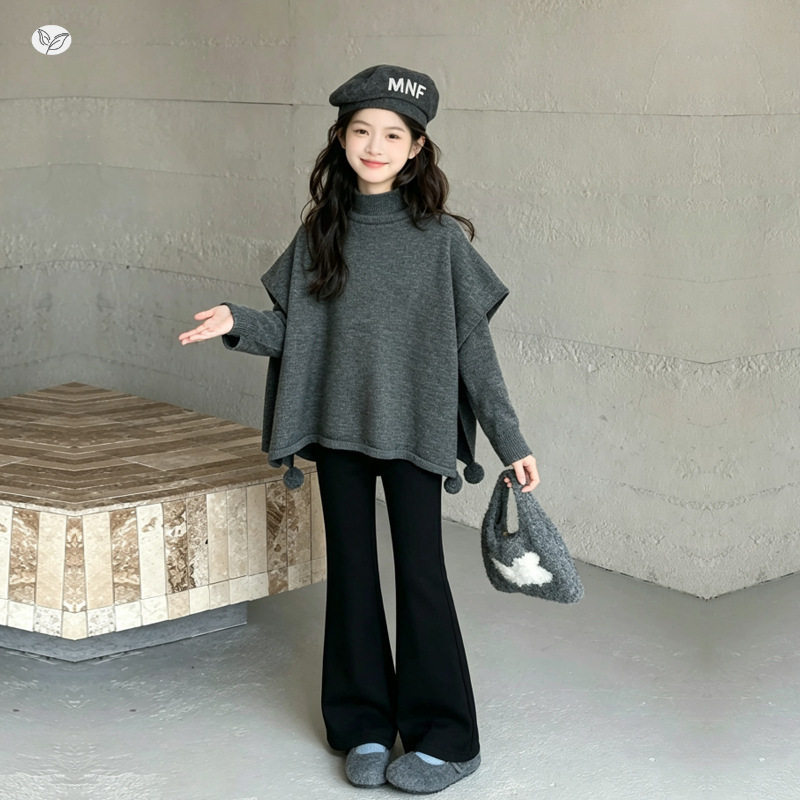女童秋冬款加绒加厚韩系灰色斗篷针织毛衣套装中大童休闲