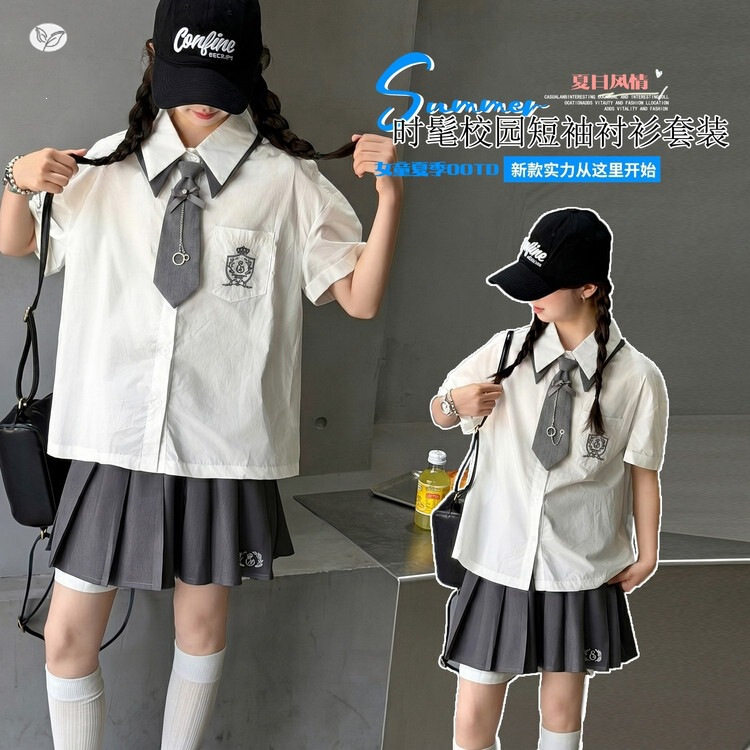 女童学院风JK套装裙2026夏季新款中大童领带短袖衬衫百褶裙两件套