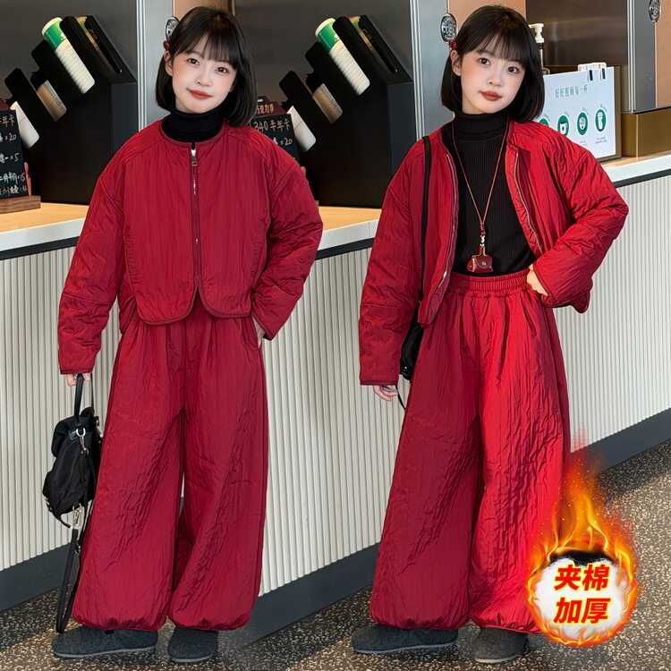 女童冬款韩版设计款夹棉拉链开衫阔腿裤套装中大童圆领棉服束脚裤