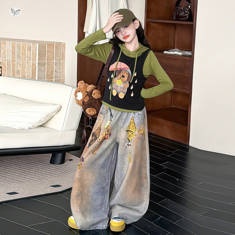 女童秋季新款休闲真两件卡通连帽马甲卫衣套装女孩牛仔涂鸦阔腿裤