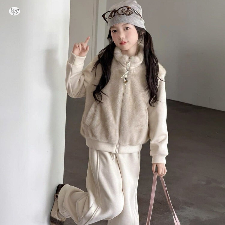 女童秋冬甜美仿皮草马甲套装2026冬装糯米绒卫衣加厚裤子休闲衣服