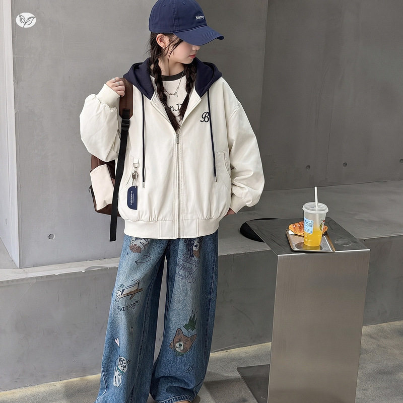 女童假两件连帽夹克衫2026秋季新款中大童撞色刺绣外套棒球服开衫