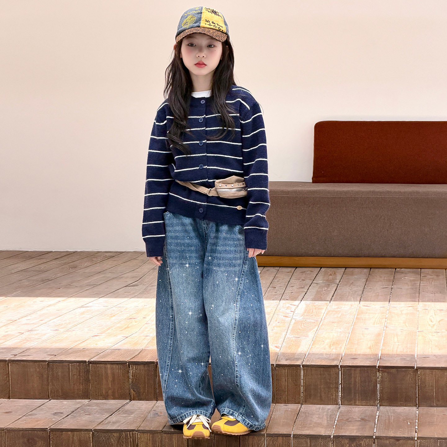 秋季中大女童套装童装儿童女孩条纹毛衣针织衫开衫牛仔裤两件套潮