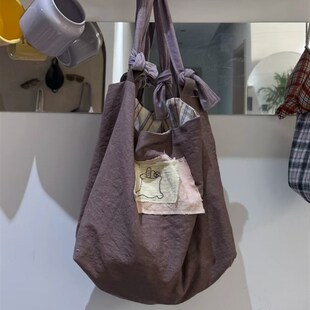 韩系覆古慵懒感帆布包2025新款绛紫色休闲百搭托特包单Y肩手提包