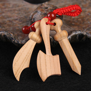 纯桃木剑斧子刀挂件小婴儿儿童随身枕下卧室木S雕木质钥匙扣吊坠