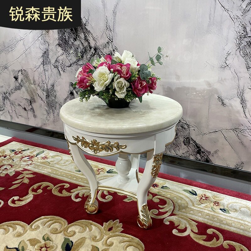 法式实木大理石面小圆几