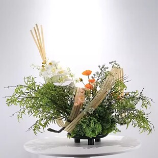 新中式景观竹筏绿色盆景仿真花艺售楼部酒店酒楼包厢餐桌软装摆件