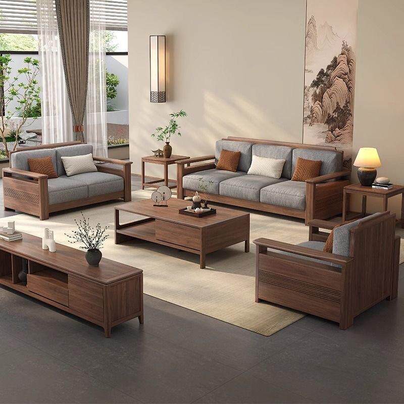 新中式黑胡桃木实木沙发全实木客厅组合大小户型储物原木布艺沙发