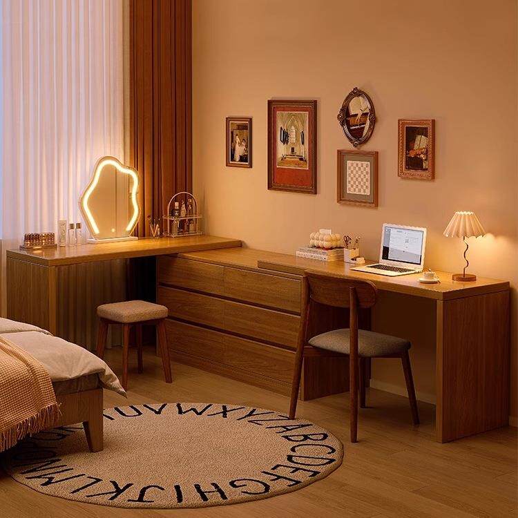 梳妆台卧室简约现代电脑桌书桌床尾斗柜妆台一体实木转角化妆桌子