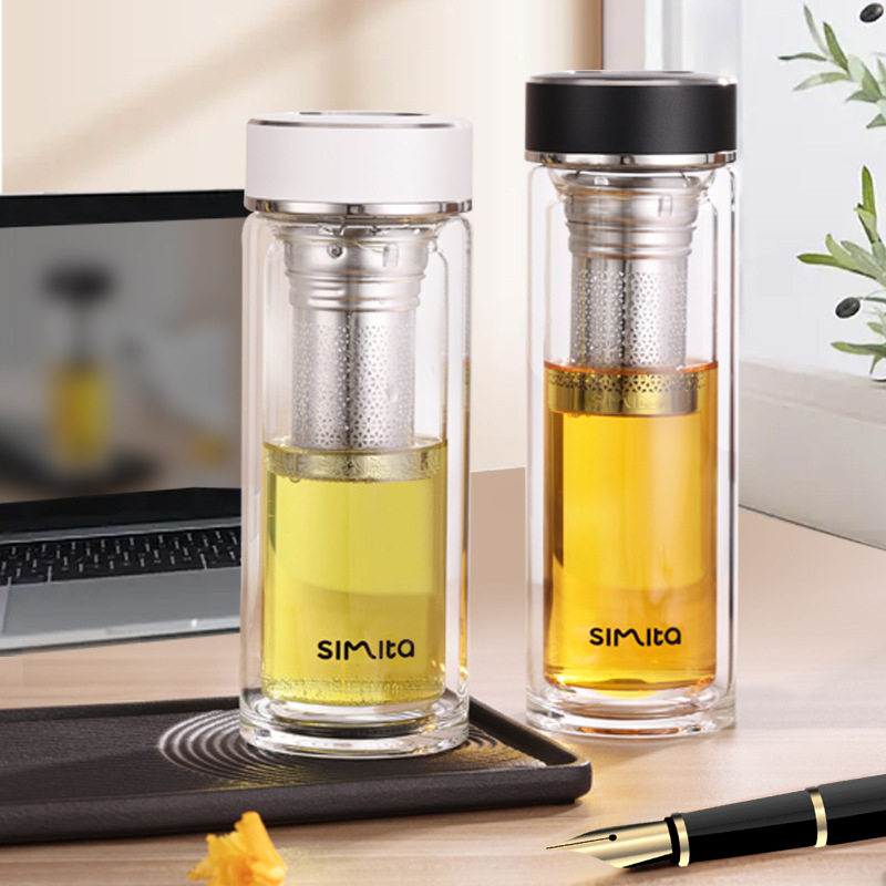 施密特双层玻璃杯316不锈钢滤网茶水分离加厚男女车载办公大容量