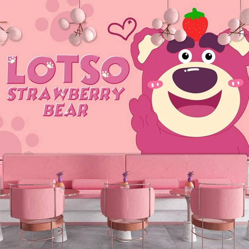卡通草莓熊儿童房墙纸女孩房间
