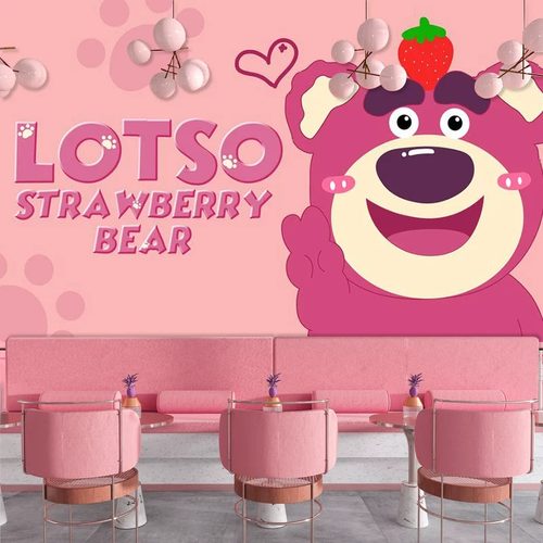 卡通草莓熊儿童房墙纸女孩房间