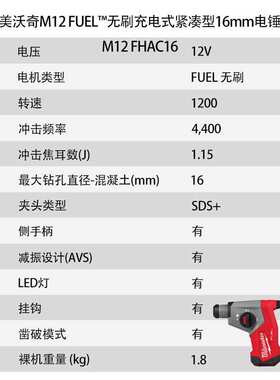 美沃奇 M12 FUEL无刷充电式紧凑型16mm电锤 M12 FHAC16