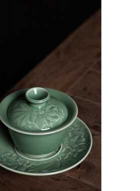 严少英纯手工手绘泉青瓷茶具薄胎厚釉梅子青茶碗芙蓉盖碗三才茶杯