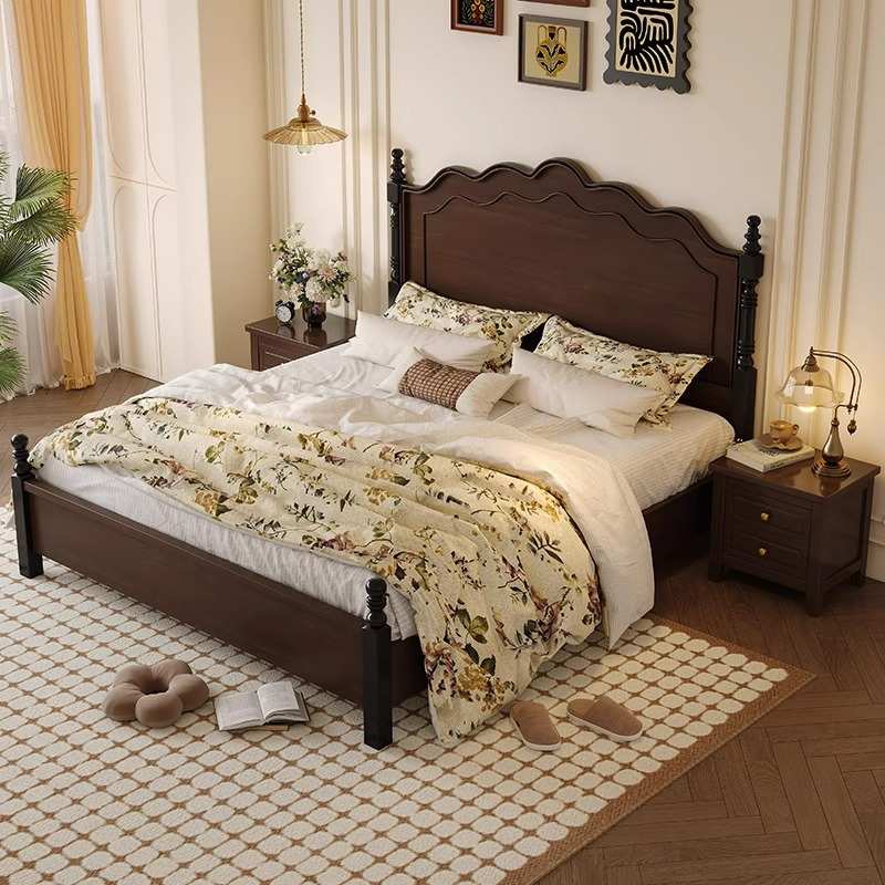 法式复古实木床1米8双人婚床现代简约主卧室储物床美式中古轻奢床