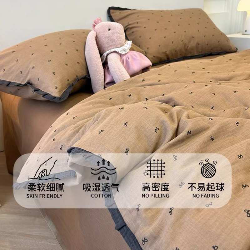 A类法式床上用品四件套纯棉全棉双层纱被套床单夏床笠宿舍三件套4