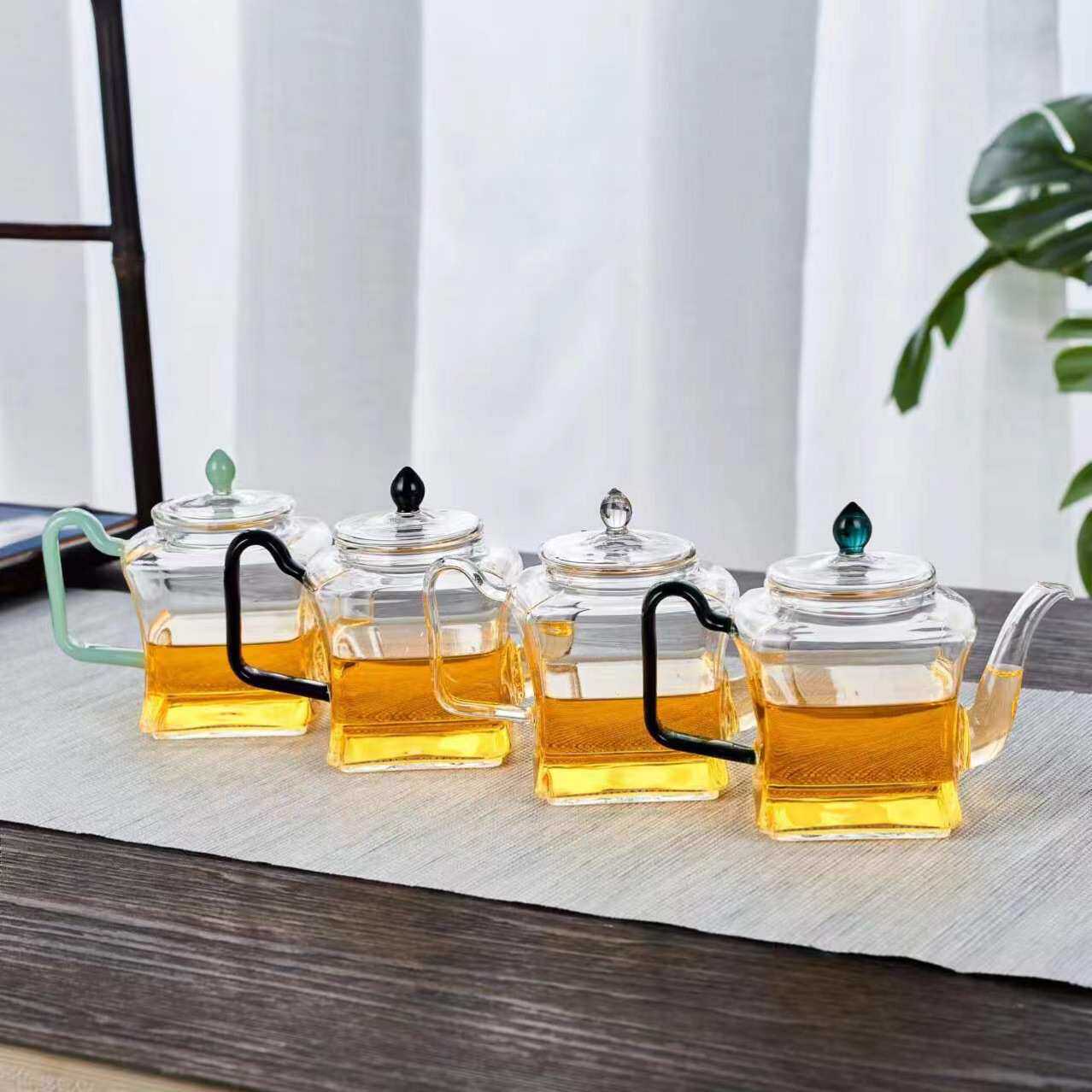 新款玻璃方形玻璃茶壶高硼硅耐热玻璃彩把玻璃煮茶壶日式玻璃茶壶