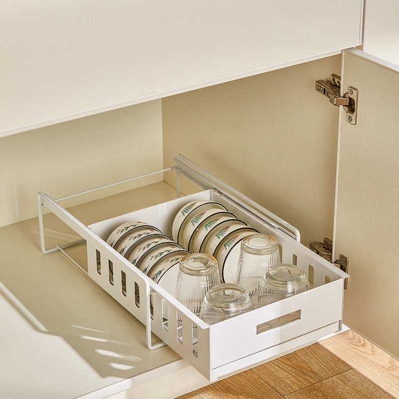 日式简约台面可抽拉碗架碟架 家用不锈钢橱柜内分隔收纳沥水架子
