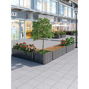 户外不锈钢花箱坐凳组合售楼部休息座椅街道广场防腐木长凳网红款